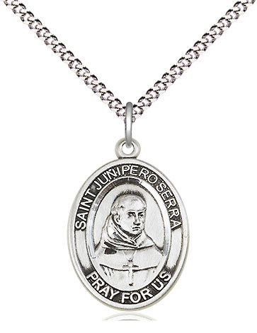 Sterling Silver Saint Junipero Serra Pendant on a 18 inch Light Rhodium Light Curb chain