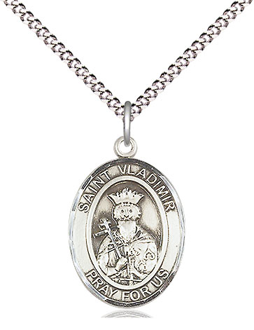 Sterling Silver Saint Vladimir Pendant on a 18 inch Light Rhodium Light Curb chain