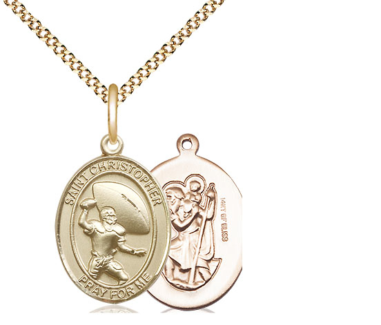 14kt Gold Filled Saint Christopher Football Pendant on a 18 inch Gold Plate Light Curb chain