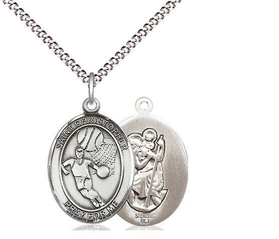 Sterling Silver Saint Christopher Basketball Pendant on a 18 inch Light Rhodium Light Curb chain