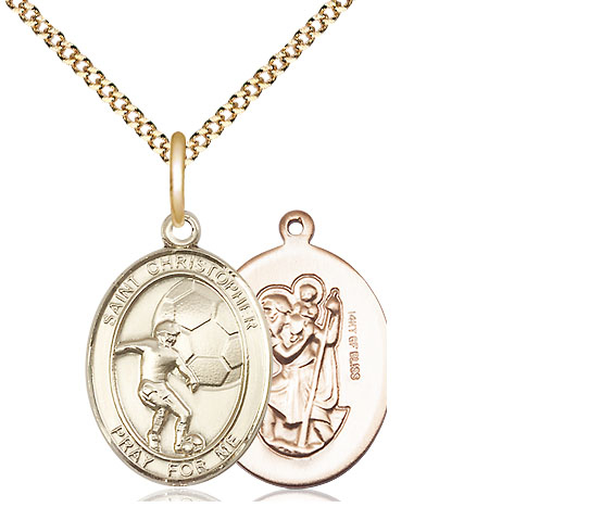 14kt Gold Filled Saint Christopher Soccer Pendant on a 18 inch Gold Plate Light Curb chain