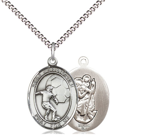 Sterling Silver Saint Christopher Soccer Pendant on a 18 inch Light Rhodium Light Curb chain