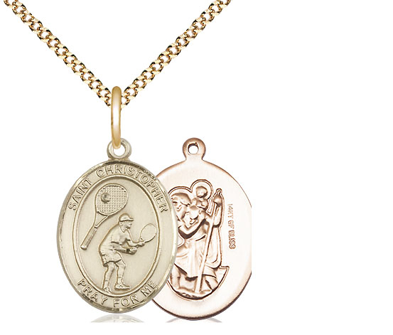 14kt Gold Filled Saint Christopher Tennis Pendant on a 18 inch Gold Plate Light Curb chain