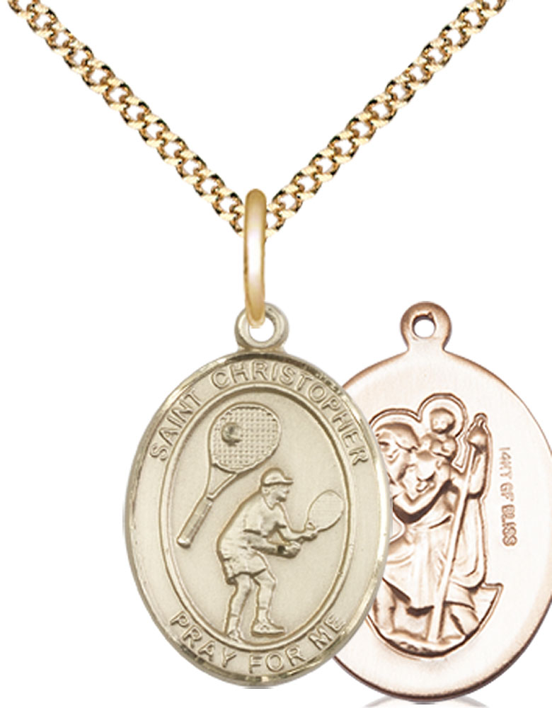 14kt Gold Filled Saint Christopher Tennis Pendant on a 18 inch Gold Plate Light Curb chain