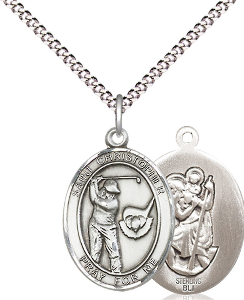 Sterling Silver Saint Christopher Golf Pendant on a 18 inch Light Rhodium Light Curb chain