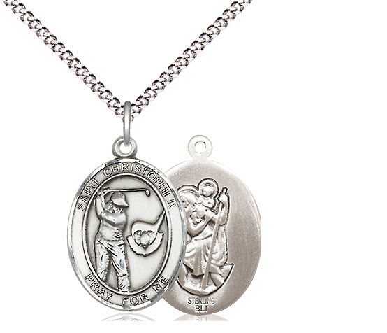 Sterling Silver Saint Christopher Golf Pendant on a 18 inch Light Rhodium Light Curb chain