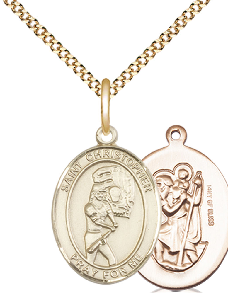 14kt Gold Filled Saint Christopher Softball Pendant on a 18 inch Gold Plate Light Curb chain