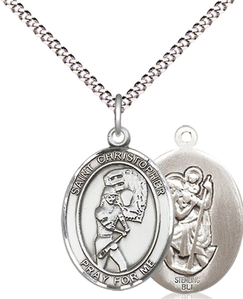 Sterling Silver Saint Christopher Softball Pendant on a 18 inch Light Rhodium Light Curb chain