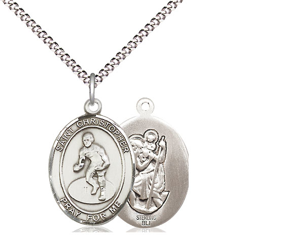 Sterling Silver Saint Christopher Wrestling Pendant on a 18 inch Light Rhodium Light Curb chain