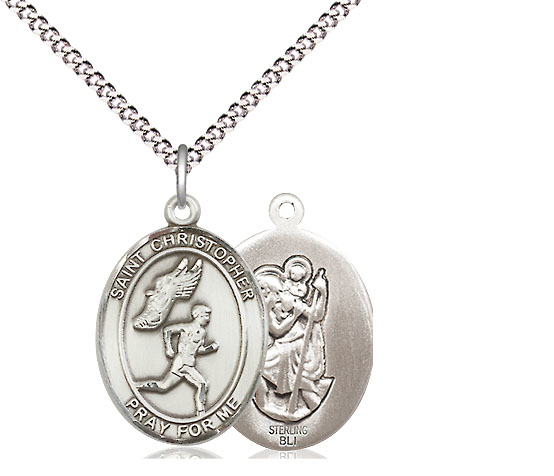 Sterling Silver Saint Christopher Track&amp;Field Pendant on a 18 inch Light Rhodium Light Curb chain