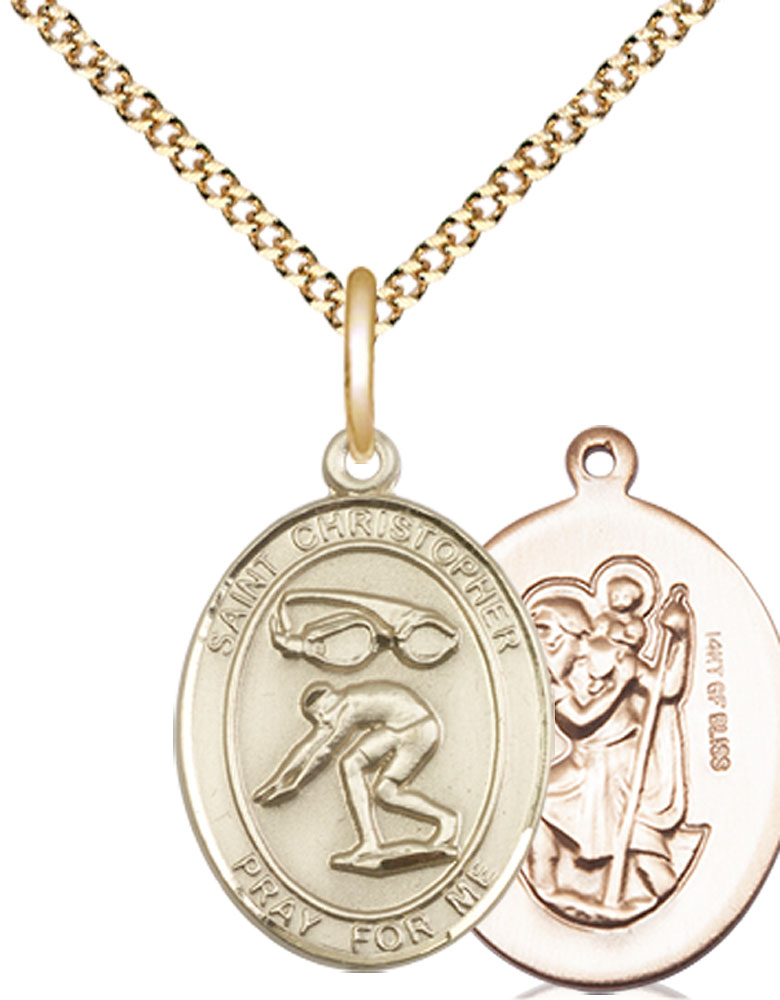 14kt Gold Filled Saint Christopher Swimming Pendant on a 18 inch Gold Plate Light Curb chain