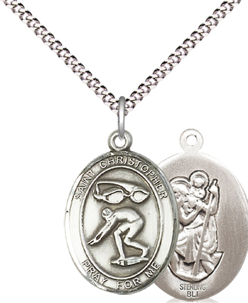 Sterling Silver Saint Christopher Swimming Pendant on a 18 inch Light Rhodium Light Curb chain