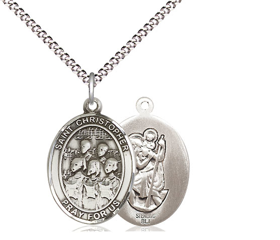 Sterling Silver Saint Christopher Choir Pendant on a 18 inch Light Rhodium Light Curb chain