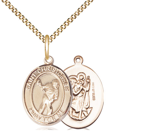 14kt Gold Filled Saint Christopher Lacrosse Pendant on a 18 inch Gold Plate Light Curb chain