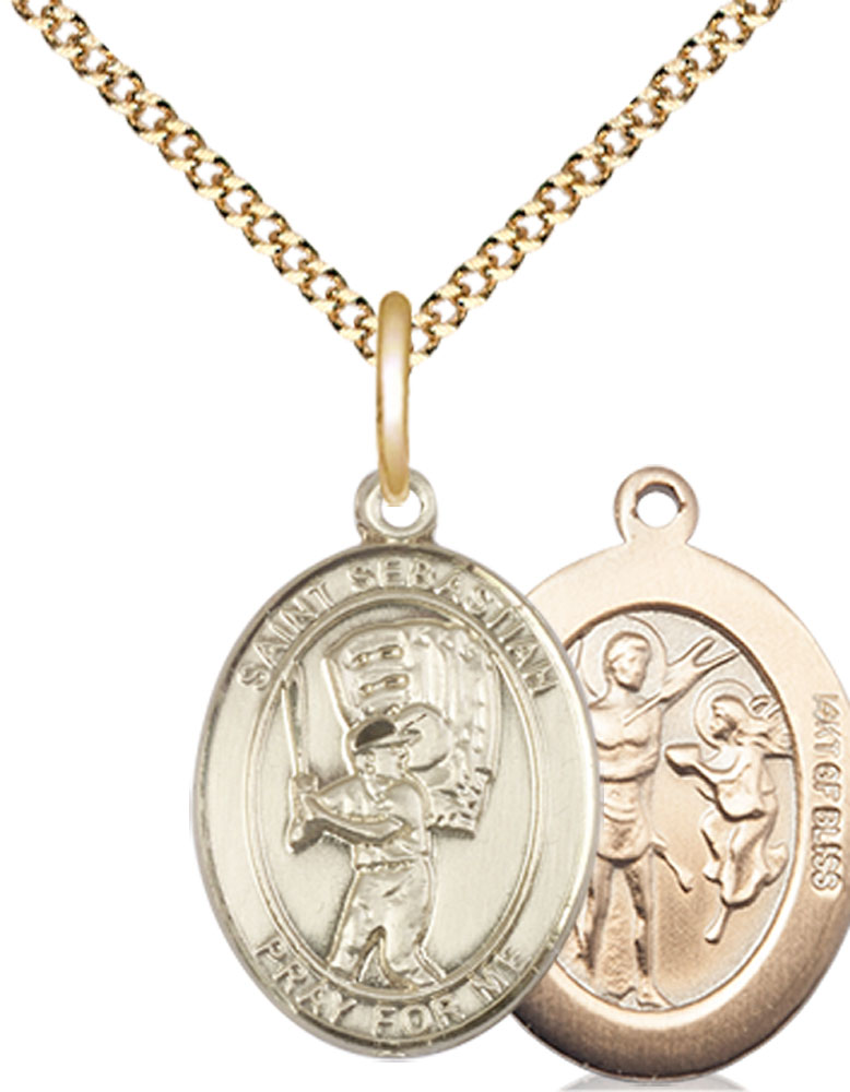 14kt Gold Filled Saint Sebastian Baseball Pendant on a 18 inch Gold Plate Light Curb chain