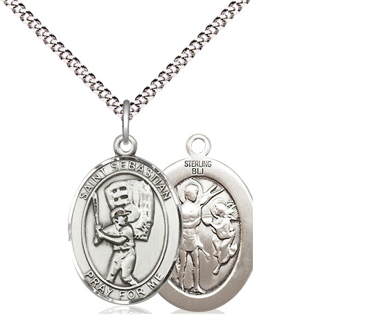 Sterling Silver Saint Sebastian Baseball Pendant on a 18 inch Light Rhodium Light Curb chain