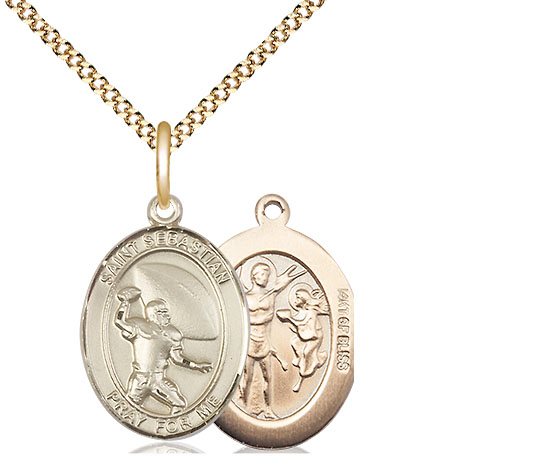 14kt Gold Filled Saint Sebastian Football Pendant on a 18 inch Gold Plate Light Curb chain