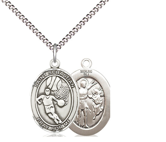 Sterling Silver Saint Sebastian Basketball Pendant on a 18 inch Light Rhodium Light Curb chain