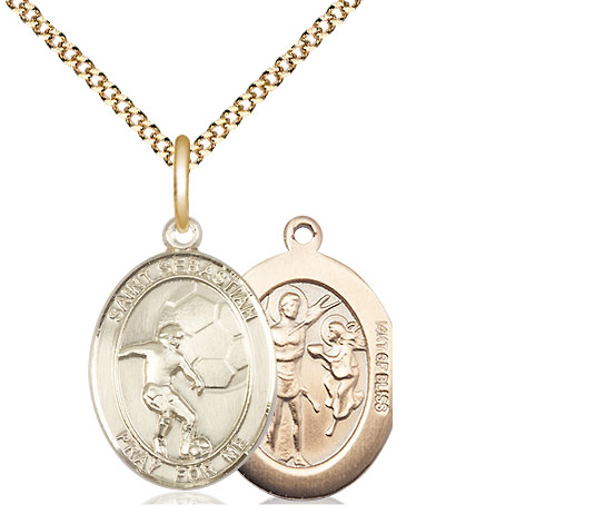 14kt Gold Filled Saint Sebastian Soccer Pendant on a 18 inch Gold Plate Light Curb chain