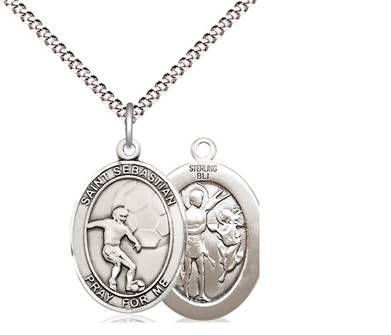 Sterling Silver Saint Sebastian Soccer Pendant on a 18 inch Light Rhodium Light Curb chain