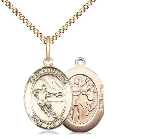 14kt Gold Filled Saint Sebastian Hockey Pendant on a 18 inch Gold Plate Light Curb chain