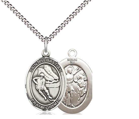 Sterling Silver Saint Sebastian Hockey Pendant on a 18 inch Light Rhodium Light Curb chain