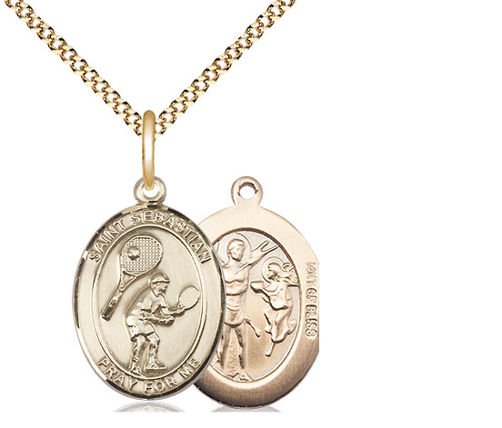 14kt Gold Filled Saint Sebastian Tennis Pendant on a 18 inch Gold Plate Light Curb chain