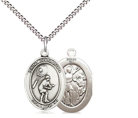 Sterling Silver Saint Sebastian Tennis Pendant on a 18 inch Light Rhodium Light Curb chain