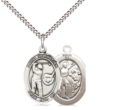 Sterling Silver Saint Sebastian Golf Pendant on a 18 inch Light Rhodium Light Curb chain