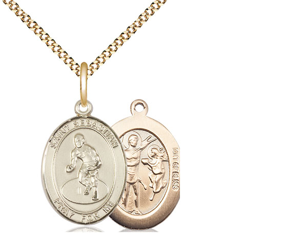 14kt Gold Filled Saint Sebastian Wrestling Pendant on a 18 inch Gold Plate Light Curb chain