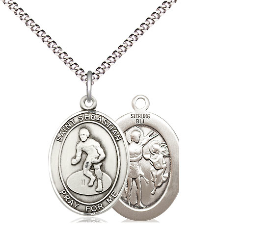 Sterling Silver Saint Sebastian Wrestling Pendant on a 18 inch Light Rhodium Light Curb chain