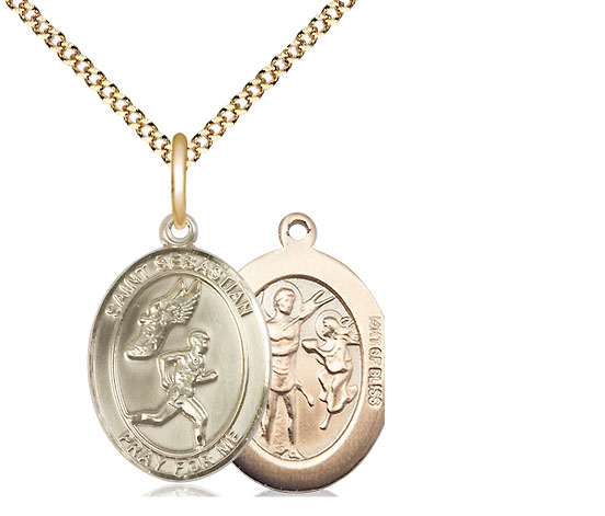 14kt Gold Filled Saint Sebastian Track and Field Pendant on a 18 inch Gold Plate Light Curb chain