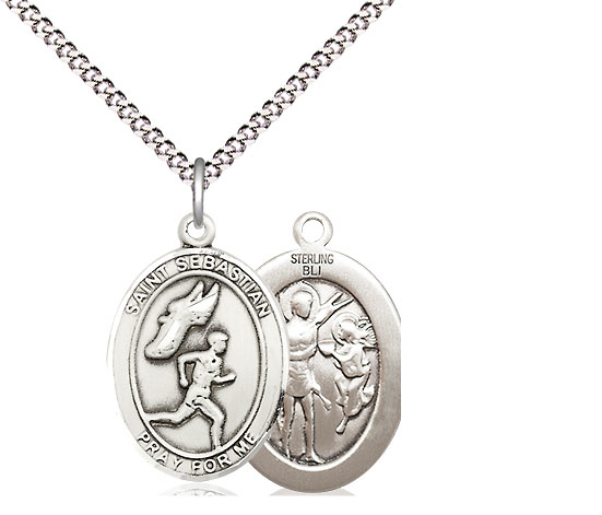 Sterling Silver Saint Sebastian Track and Field Pendant on a 18 inch Light Rhodium Light Curb chain