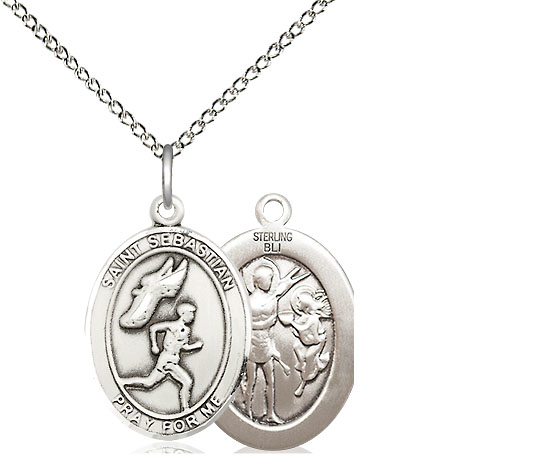 Sterling Silver Saint Sebastian Track and Field Pendant on a 18 inch Sterling Silver Light Curb chain