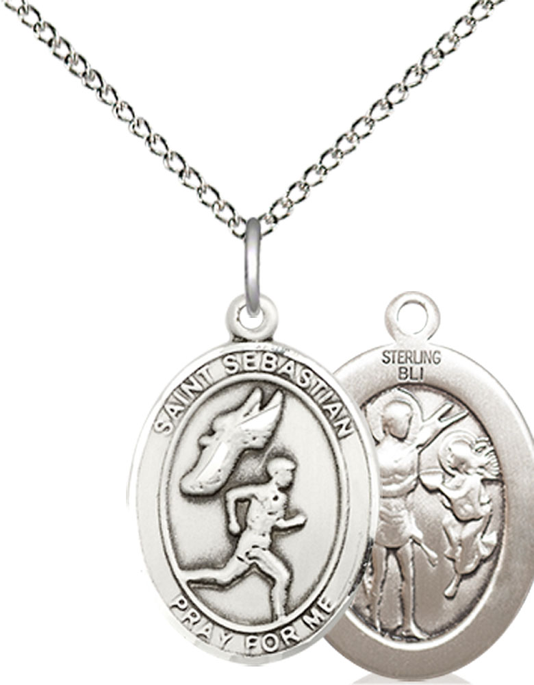 Sterling Silver Saint Sebastian Track and Field Pendant on a 18 inch Sterling Silver Light Curb chain