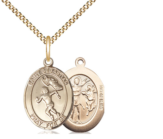 14kt Gold Filled Saint Sebastian Track and Field Pendant on a 18 inch Gold Plate Light Curb chain