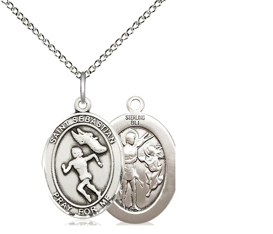 Sterling Silver Saint Sebastian Track and Field Pendant on a 18 inch Sterling Silver Light Curb chain