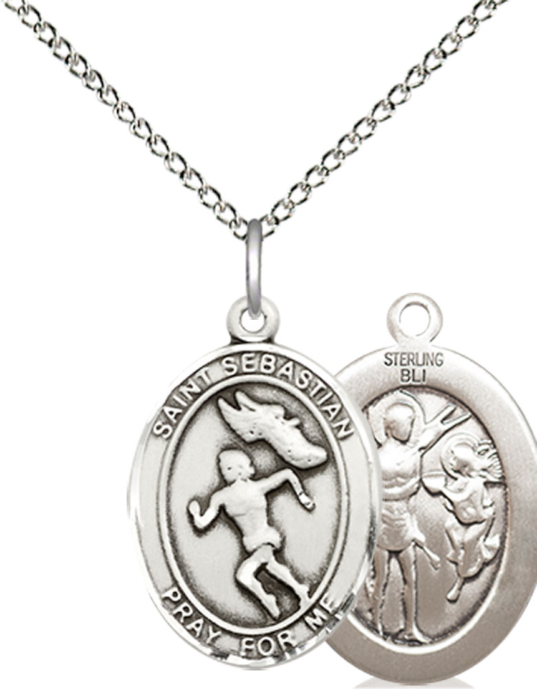 Sterling Silver Saint Sebastian Track and Field Pendant on a 18 inch Sterling Silver Light Curb chain