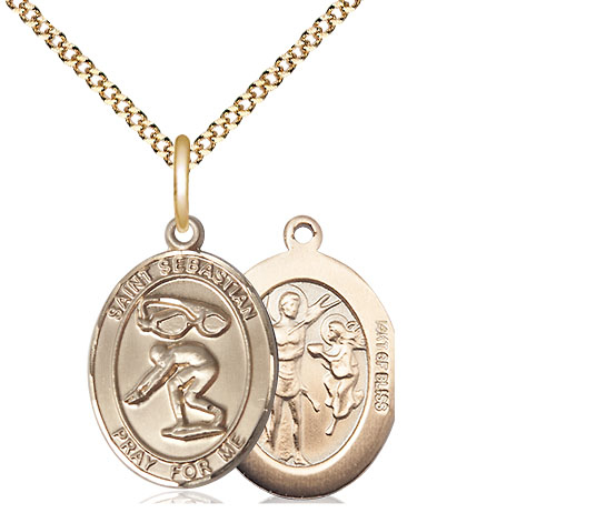 14kt Gold Filled Saint Sebastian Swimming Pendant on a 18 inch Gold Plate Light Curb chain