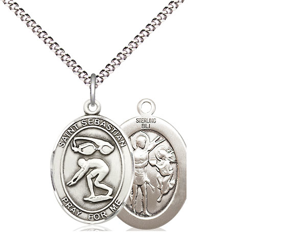 Sterling Silver Saint Sebastian Swimming Pendant on a 18 inch Light Rhodium Light Curb chain