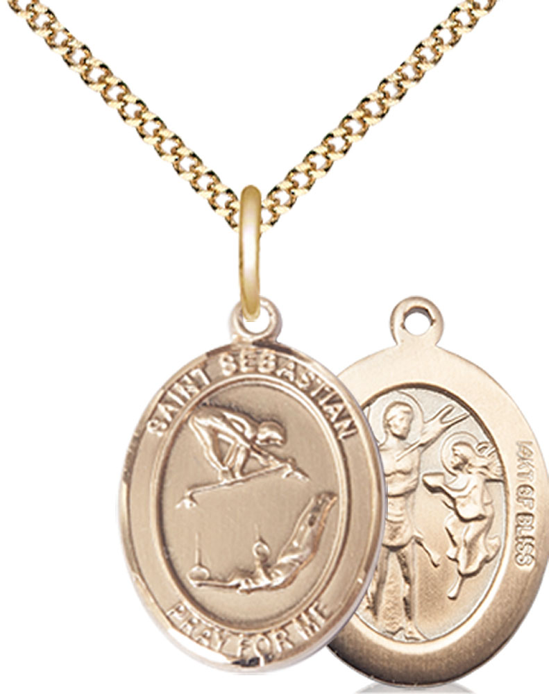 14kt Gold Filled Saint Sebastian Gymnastics Pendant on a 18 inch Gold Plate Light Curb chain