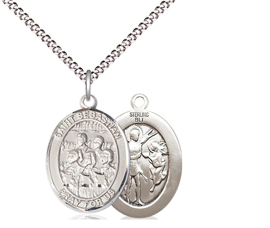 Sterling Silver Saint Sebastian Choir Pendant on a 18 inch Light Rhodium Light Curb chain