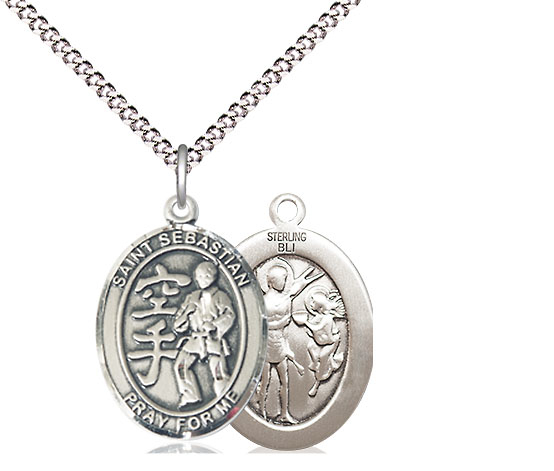 Sterling Silver Saint Sebastian Karate Pendant on a 18 inch Light Rhodium Light Curb chain