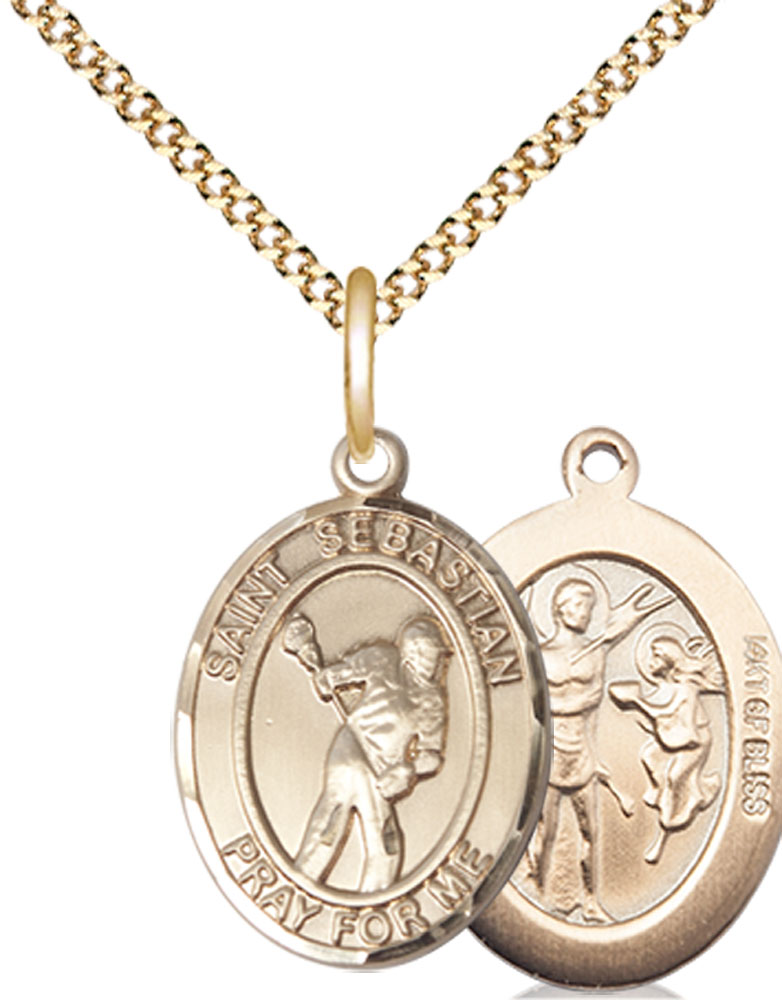 14kt Gold Filled Saint Sebastian Lacrosse Pendant on a 18 inch Gold Plate Light Curb chain
