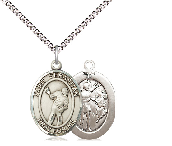 Sterling Silver Saint Sebastian Lacrosse Pendant on a 18 inch Light Rhodium Light Curb chain