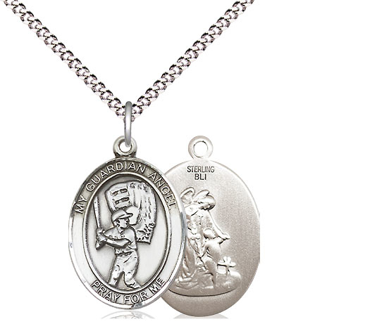 Sterling Silver Guardian Angel Baseball Pendant on a 18 inch Light Rhodium Light Curb chain