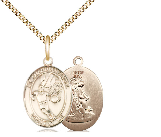 14kt Gold Filled Guardian Angel Basketball Pendant on a 18 inch Gold Plate Light Curb chain