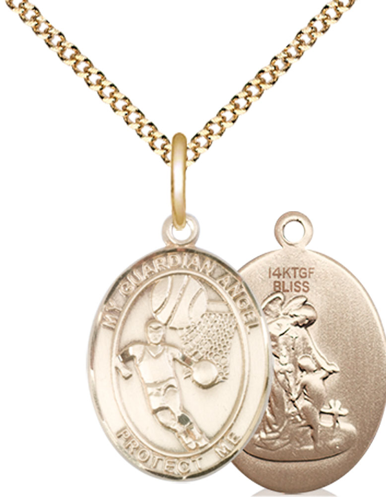 14kt Gold Filled Guardian Angel Basketball Pendant on a 18 inch Gold Plate Light Curb chain