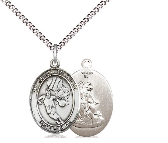 Sterling Silver Guardian Angel Basketball Pendant on a 18 inch Light Rhodium Light Curb chain