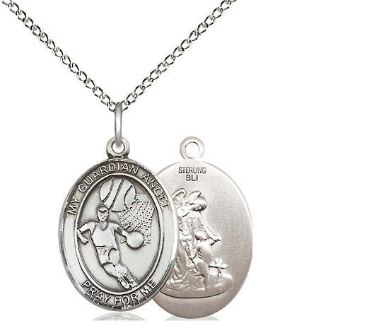 Sterling Silver Guardian Angel Basketball Pendant on a 18 inch Sterling Silver Light Curb chain